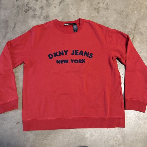 Vintage DKNY Jeans Spell out Crewneck Womens L Red Long Sleeve Stitched Sweater - Picture 1 of 10